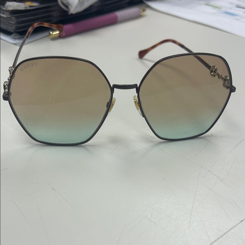 Gucci Women's Brown to Green Gradient Hexagon Sunglasses with Gold Accents